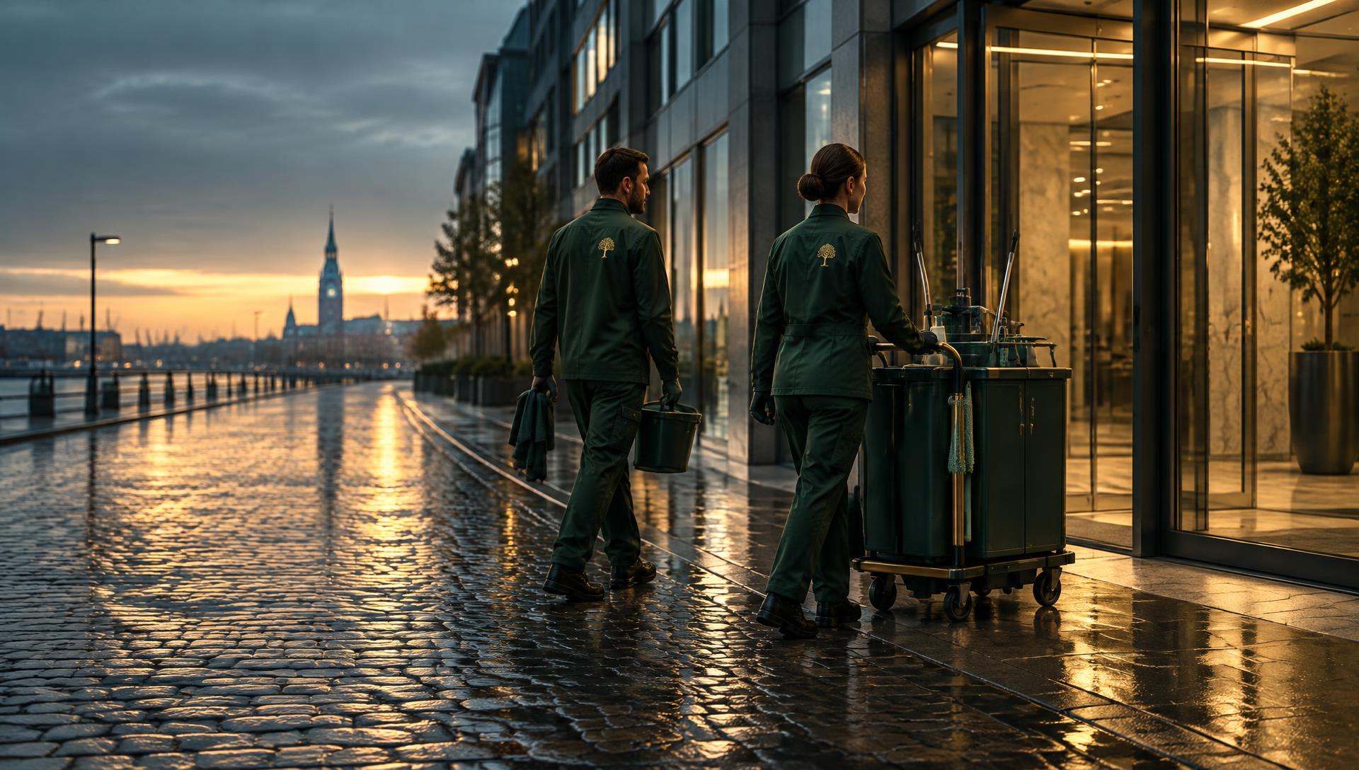 TIMELESS Reinigungsteam in grüner Kleidung vor einem Bürogebäude am frühen Morgen
